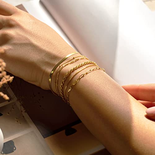 DEARMAY Gold Bracelets for Women Waterproof 14K Real Gold Jewelry Sets Trendy Thin Dainty Stackable Cuban Link Papercli