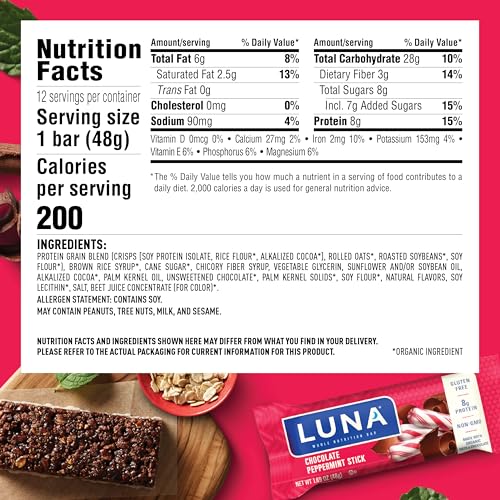 Luna Bar Peppermint Chocolate Snack Bars - Non-GMO Gluten-Free Organic Oats Protein Bars - Perfect for Fitness Lovers (1