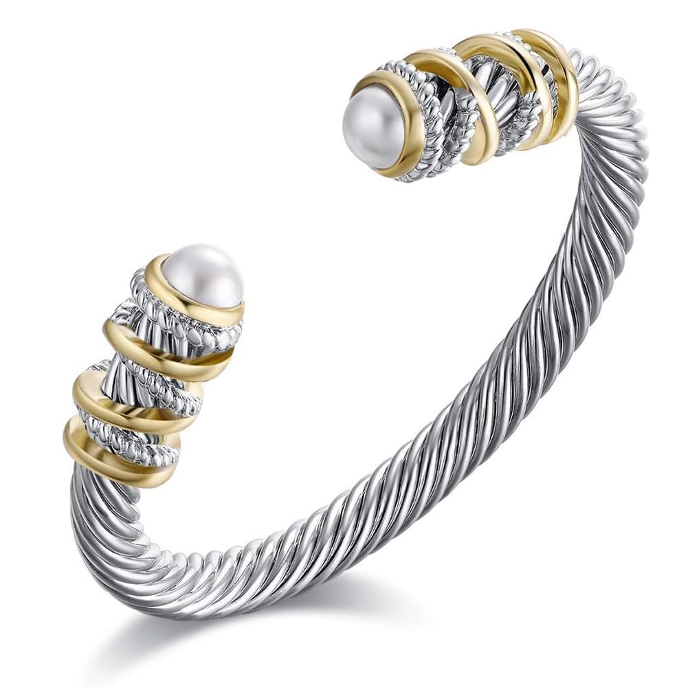 Eastbon Antique Cuff Bracelets for Women with Composite Shell Pearl 6" Twisted Cable Design