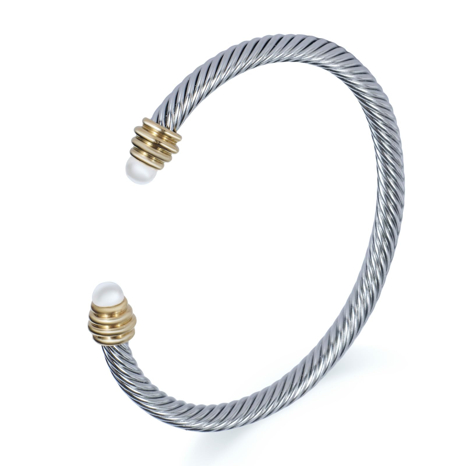 Decpro White 5MM Twisted Cable Bracelet for Women Stainless Steel Cuff with Composite Shell Pearl Inlay
