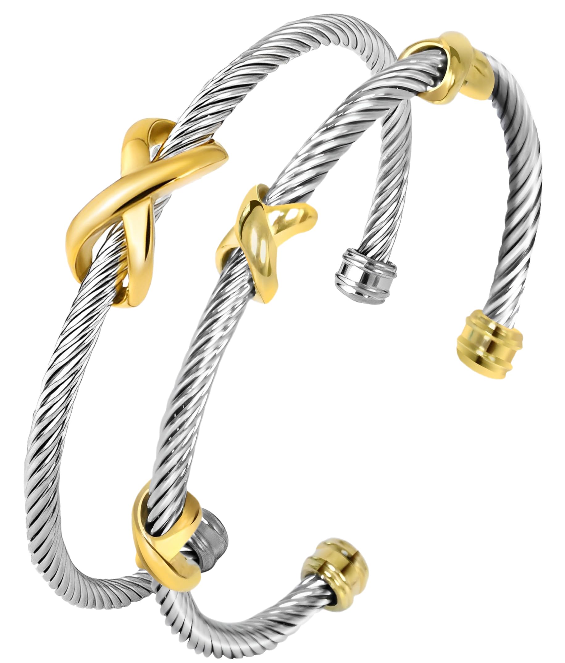LUCSIS Two Tone Vintage Cuff Bangle Bracelet for Women, Stainless Steel Twisted Cable Wire Jewelry Gifts