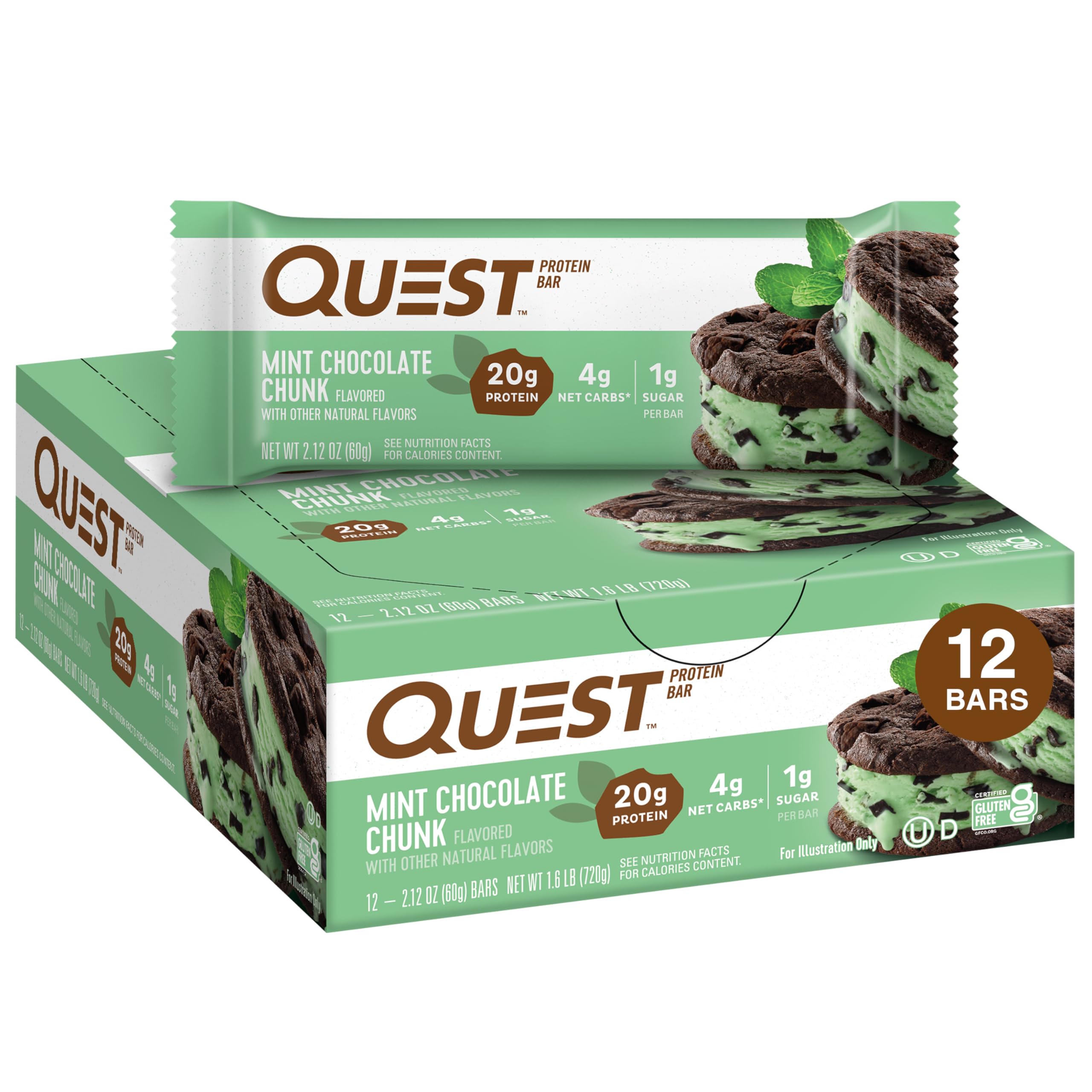 Quest Nutrition Mint Chocolate Chunk Protein Bars for Keto Lovers, Gluten-Free Snacks, Low Carb Protein Bars